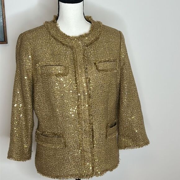 Chico’s Gold Boucle with Gold Sequins Jacket, Size 1 - Picture 1 of 10